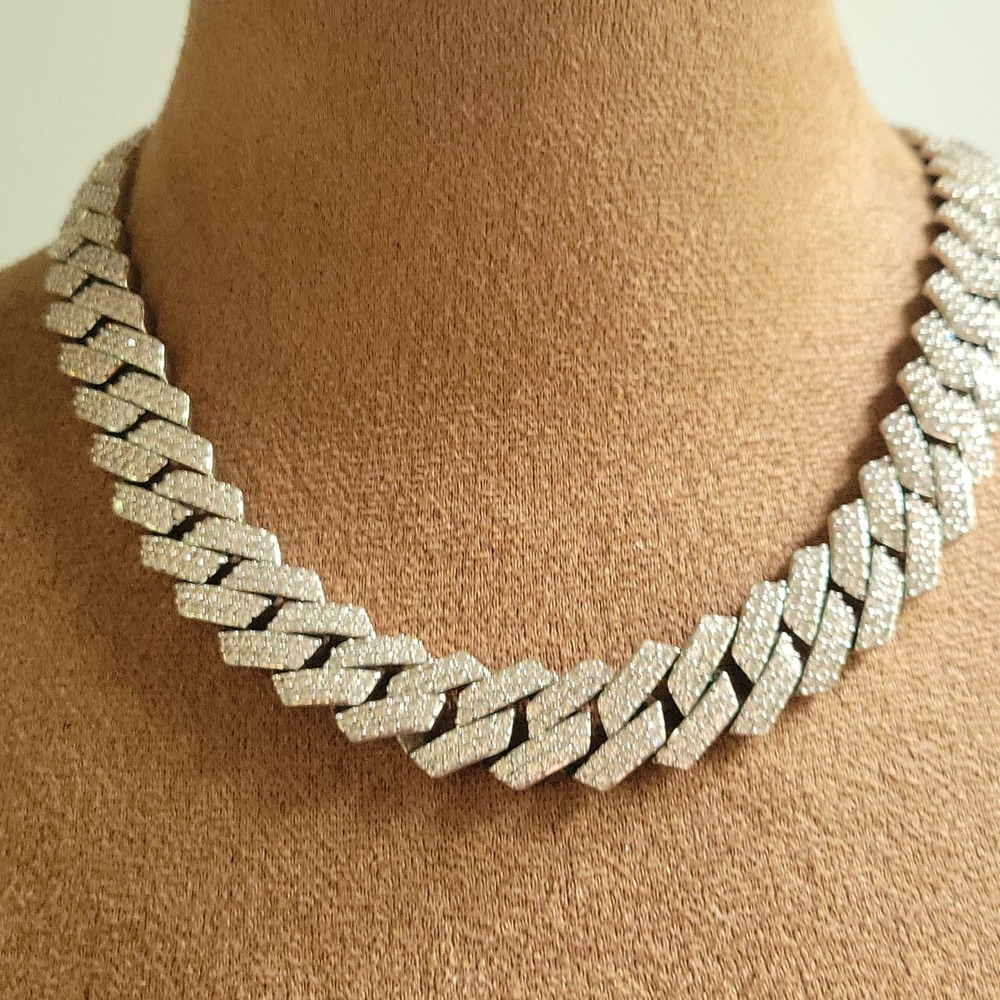 Silver Icy 20mm Prong Cuban Link Chain Choker Necklace 18 Inch Streetwear